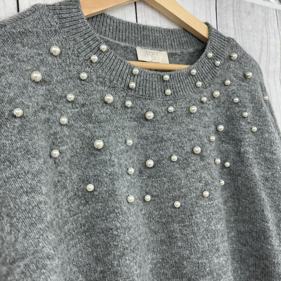 LOFT Outlet (L) Petite Womens Gray Knit Faux Pearl Softgirl Pullover Sweater - Picture 2 of 7